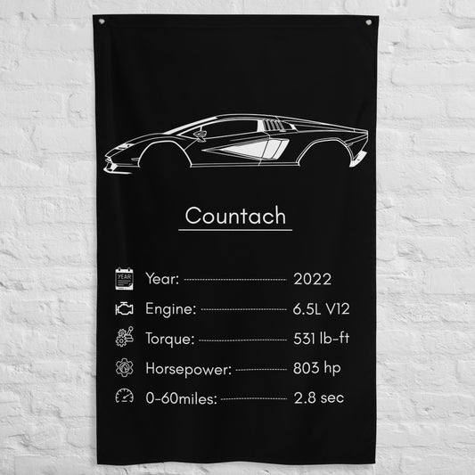 Lamborghini Countach 2022 car silhouette spec flag - White Brick Wall
