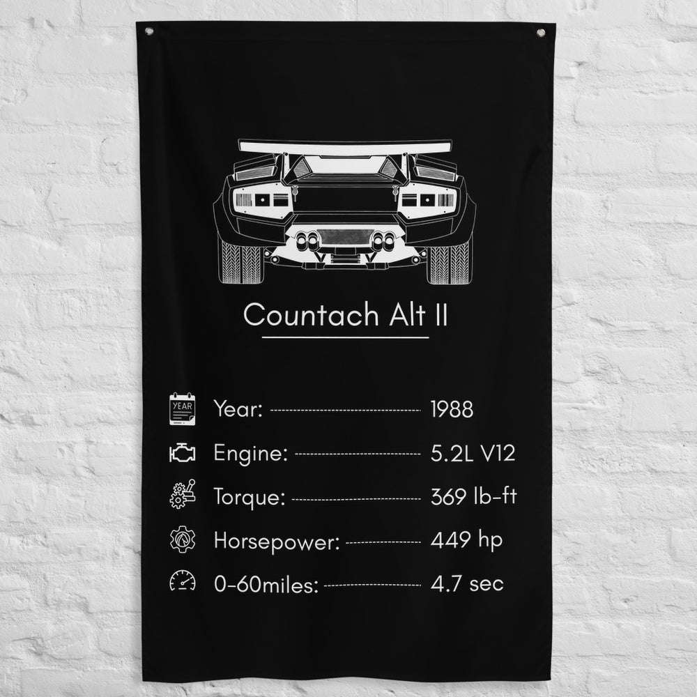 Lamborghini Countach II 1988 car silhouette spec flag - White Brick Wall