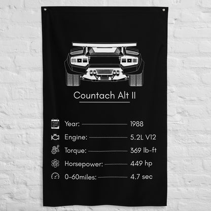 Lamborghini Countach II 1988 car silhouette spec flag - White Brick Wall