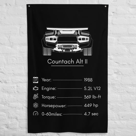 Lamborghini Countach II 1988 car silhouette spec flag - White Brick Wall
