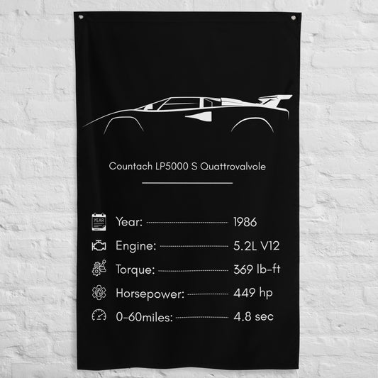 Lamborghini Countach LP5000 S Quattrovalvole 1986 car silhouette spec flag - White Brick Wall