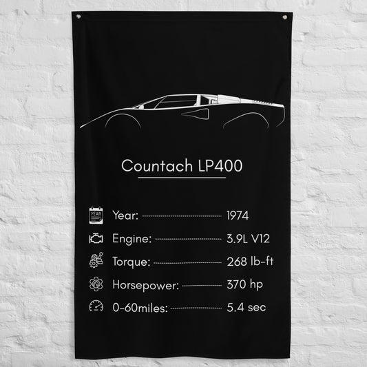 Lamborghini Countach LP400 1974 car silhouette spec flag - White Brick Wall