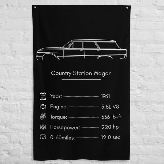 Ford Country Station Wagon 1961 car silhouette spec flag - White Brick Wall