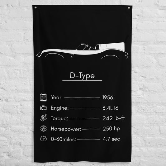 Jaguar D-Type 1956 car silhouette spec flag - White Brick Wall