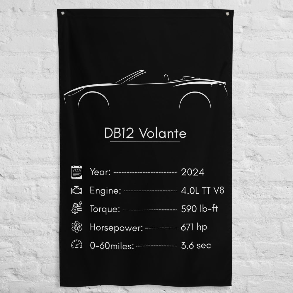 Aston Martin DB12 Volante 2024 car silhouette spec flag - White Brick Wall