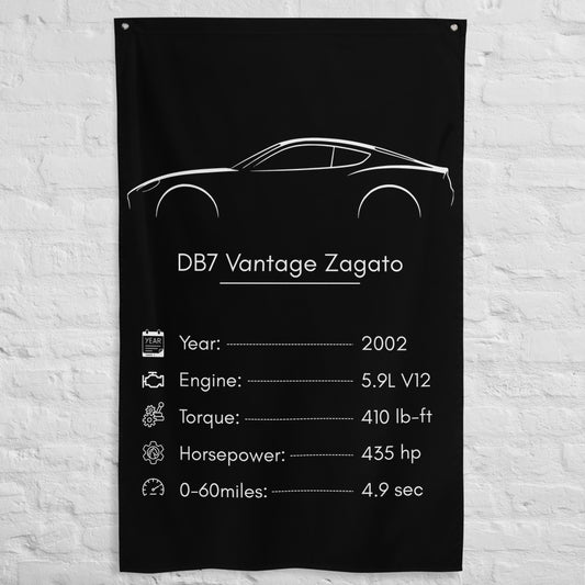 Aston Martin DB7 Vantage Zagato 2002 car silhouette spec flag - White Brick Wall
