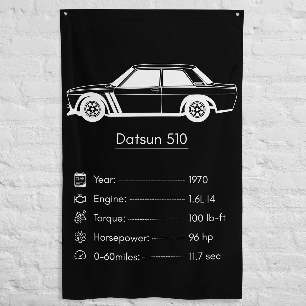 Nissan Datsun 510 1970 car silhouette spec flag - White Brick Wall