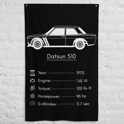 Nissan Datsun 510 1970 car silhouette spec flag - White Brick Wall