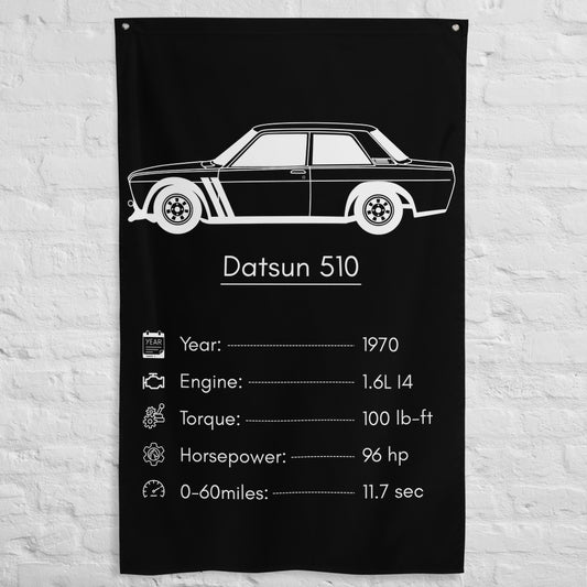 Nissan Datsun 510 1970 car silhouette spec flag - White Brick Wall