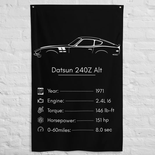 Nissan Datsun 240Z 1971 (Design 3) car silhouette spec flag - White Brick Wall