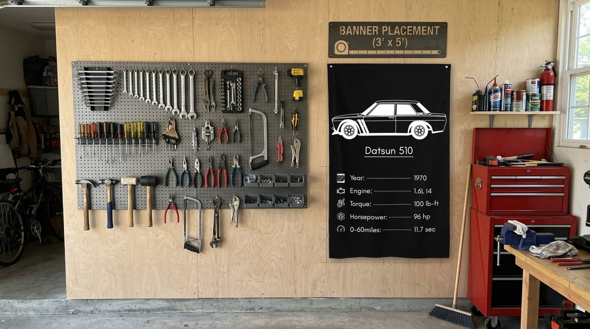 Nissan Datsun 510 1970 car silhouette spec flag - Garage Plywood Wall