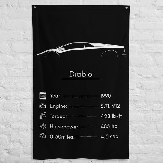 Lamborghini Diablo 1990 car silhouette spec flag - White Brick Wall