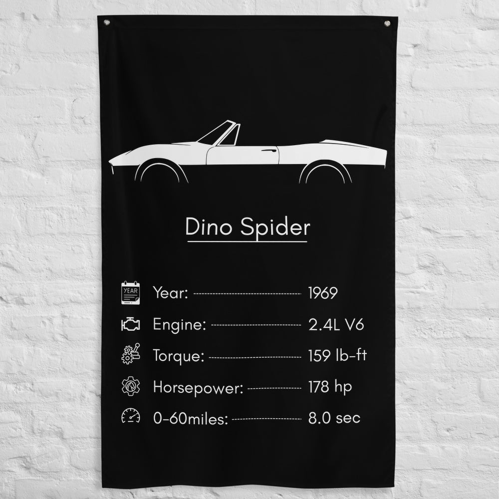 Fiat Dino Spider 1969 car silhouette spec flag - White Brick Wall