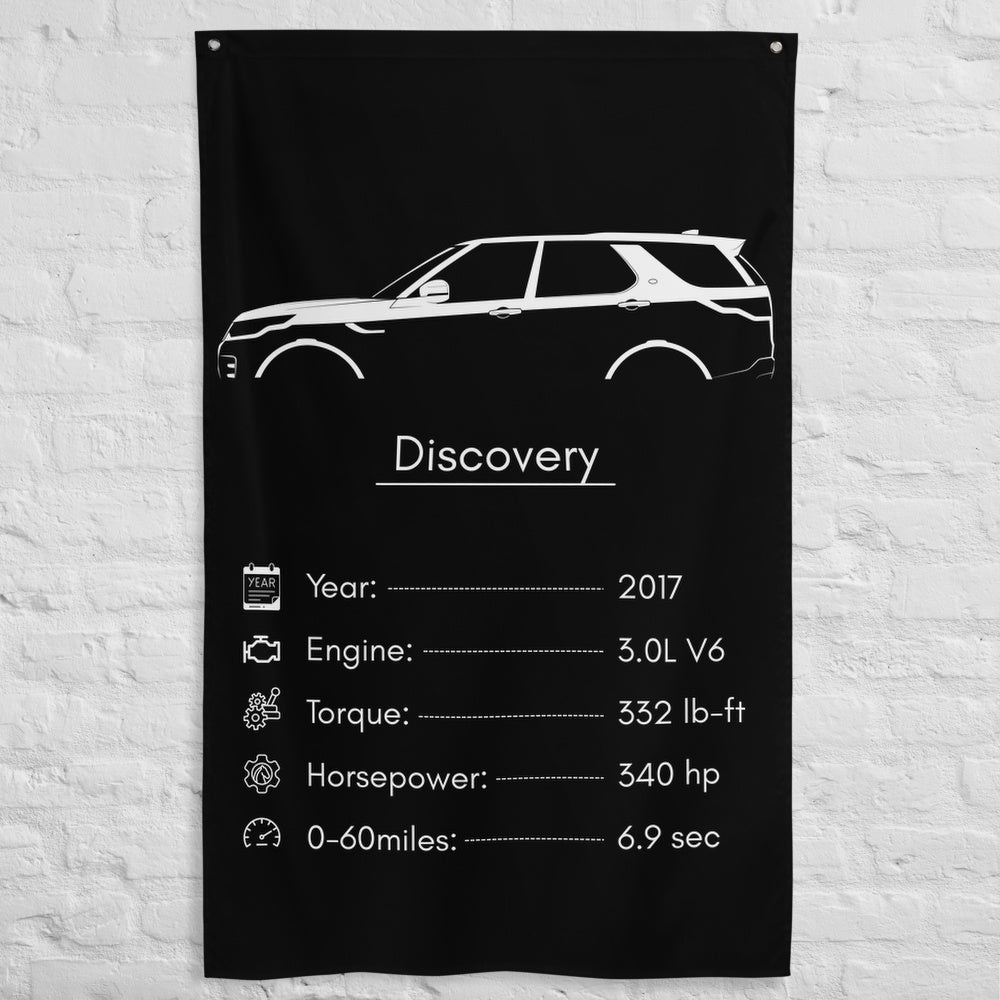 Land Rover Discovery 2017 car silhouette spec flag - White Brick Wall