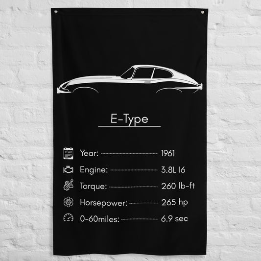 Jaguar E-Type 1961 car silhouette spec flag - White Brick Wall