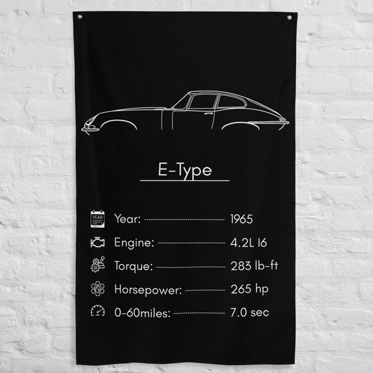Jaguar E-Type 1965 car silhouette spec flag - White Brick Wall
