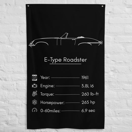 Jaguar E-Type Roadster 1961 car silhouette spec flag - White Brick Wall