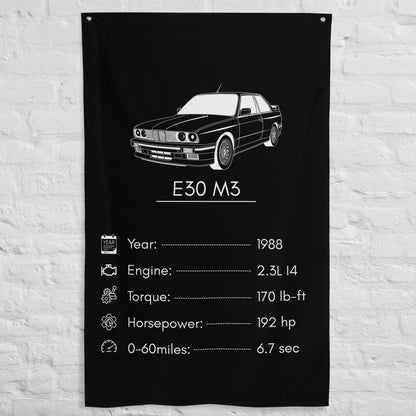 BMW E30 M3 1988 car silhouette spec flag - White Brick Wall