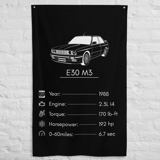 BMW E30 M3 1988 car silhouette spec flag - White Brick Wall