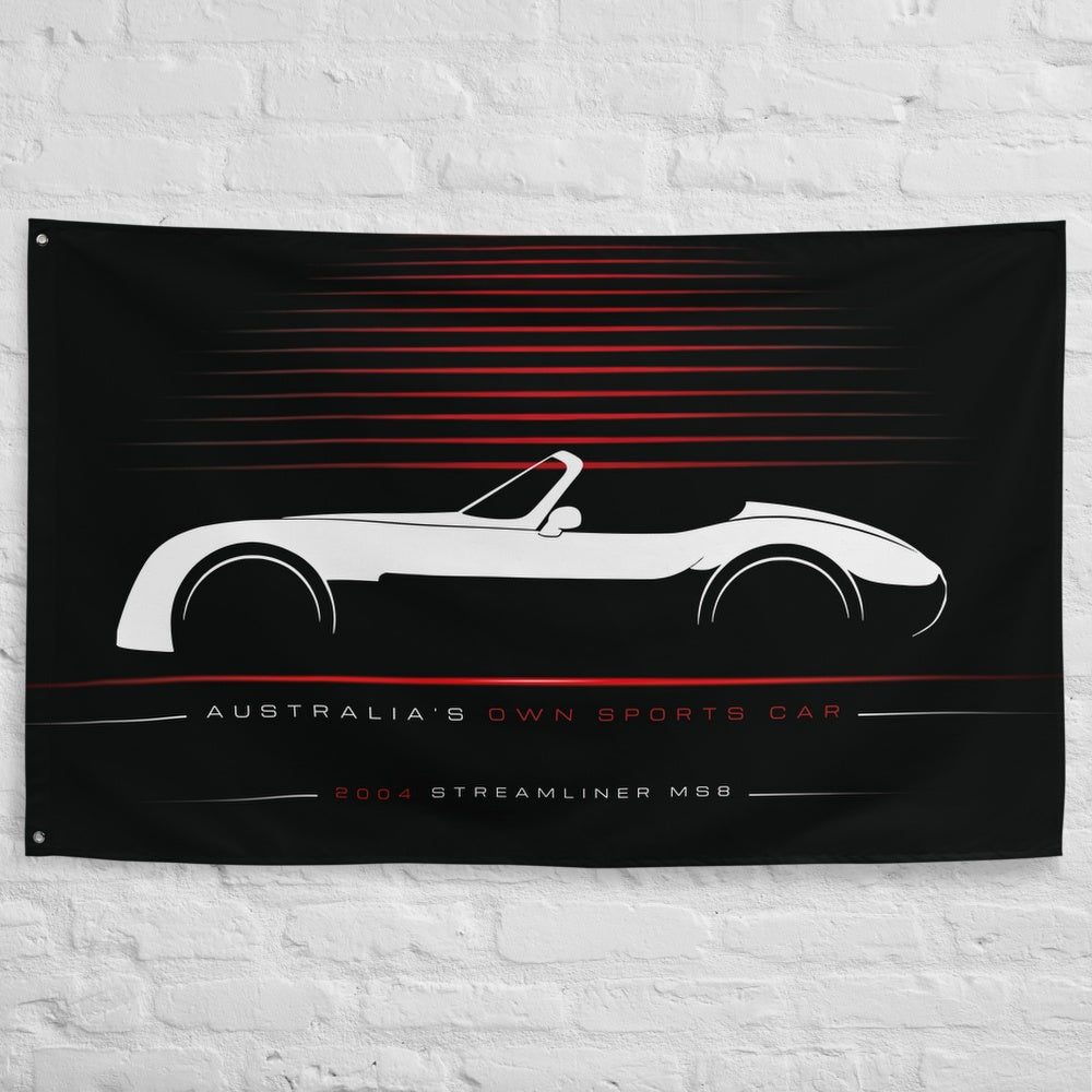 Elfin Streamliner MS8 2004 car silhouette flag - White Brick Wall
