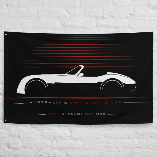 Elfin Streamliner MS8 2004 car silhouette flag - White Brick Wall