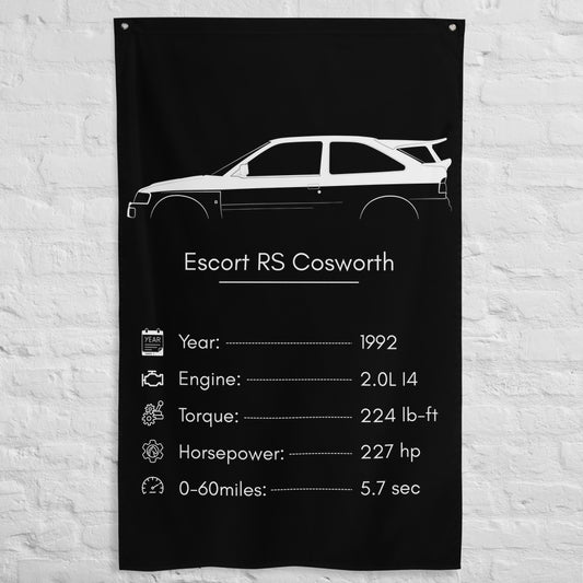 Ford Escort RS Cosworth 1992 car silhouette spec flag - White Brick Wall