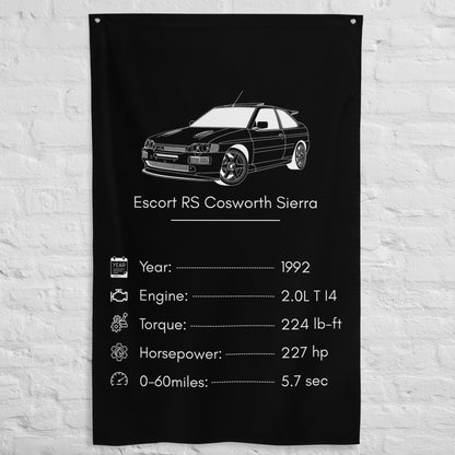 Ford Escort RS Cosworth Sierra 1992 car silhouette spec flag - White Brick Wall