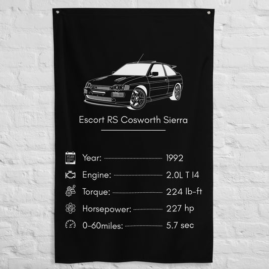 Ford Escort RS Cosworth Sierra 1992 car silhouette spec flag - White Brick Wall