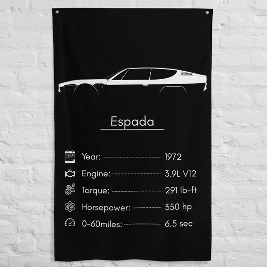 Lamborghini Espada 1972 car silhouette spec flag - White Brick Wall