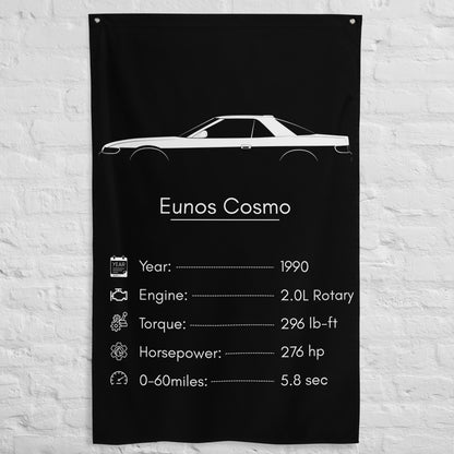 Mazda Eunos Cosmo 1990 car silhouette spec flag - White Brick Wall