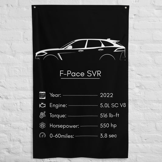 Jaguar F-Pace SVR 2022 car silhouette spec flag - White Brick Wall