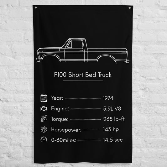 Ford F100 Short Bed Truck 1974 car silhouette spec flag - White Brick Wall