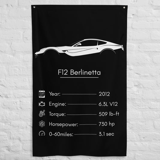 Ferrari F12 Berlinetta 2012 car silhouette spec flag - White Brick Wall