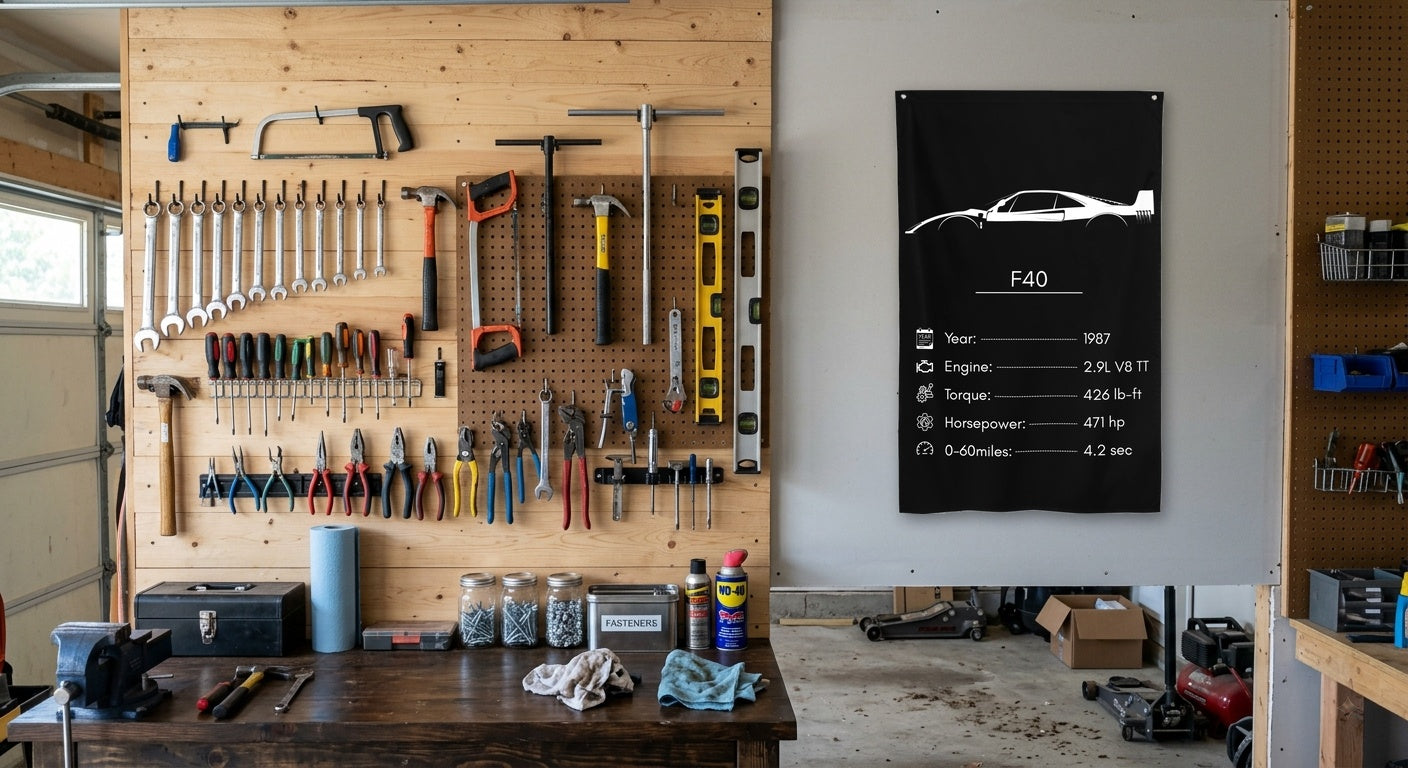 Ferrari F40 1987 car silhouette spec flag - Garage Pegboard Wall