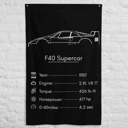 Ferrari F40 Supercar 1987 car silhouette spec flag - White Brick Wall