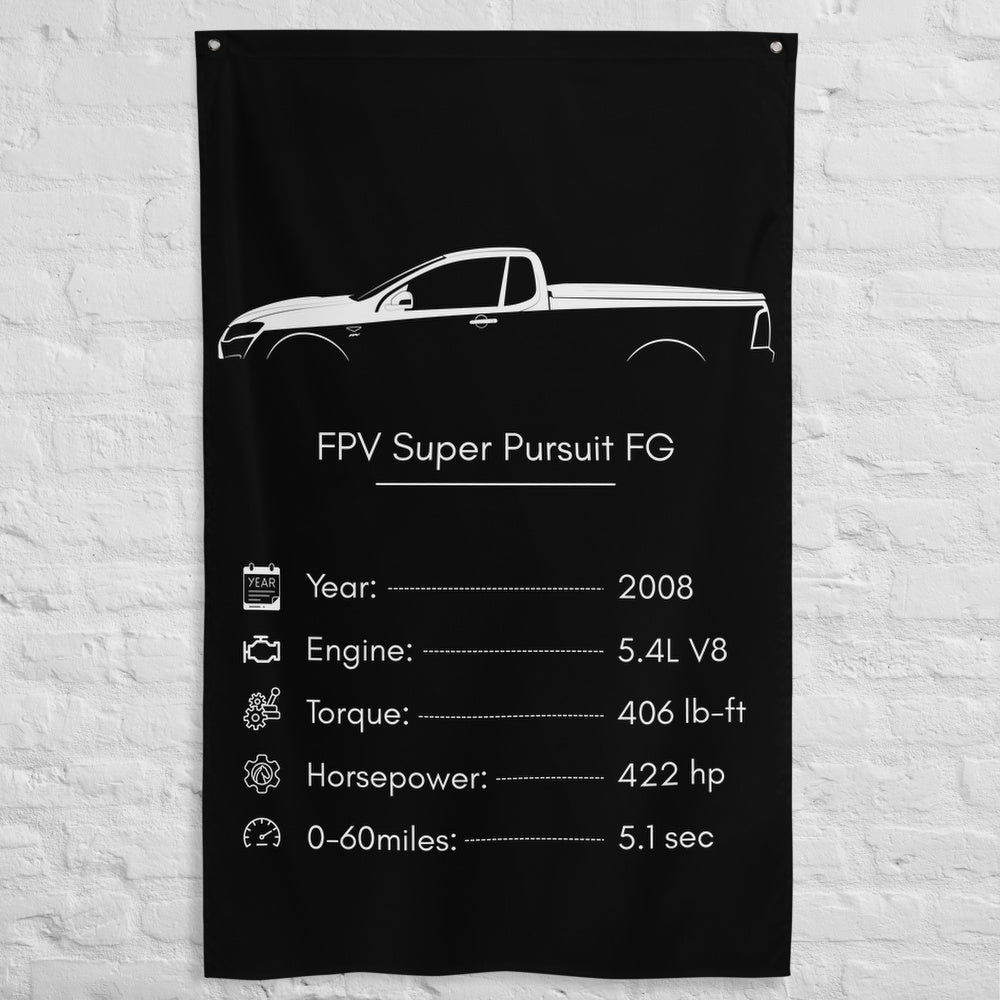 Ford FPV Super Pursuit FG 2008 car silhouette spec flag - White Brick Wall