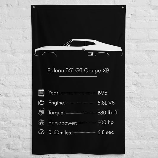 Ford Falcon 351 GT Coupe XB 1973 car silhouette spec flag - White Brick Wall