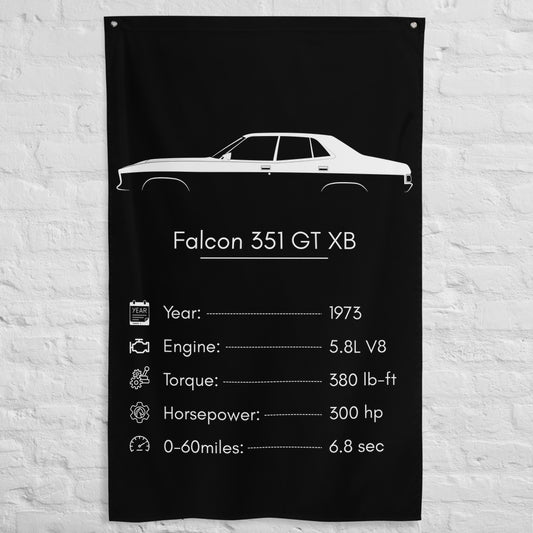 Ford Falcon 351 GT XB 1973 car silhouette spec flag - White Brick Wall