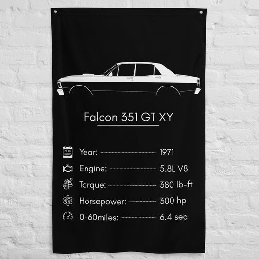 Ford Falcon 351 GT XY 1971 car silhouette spec flag - White Brick Wall