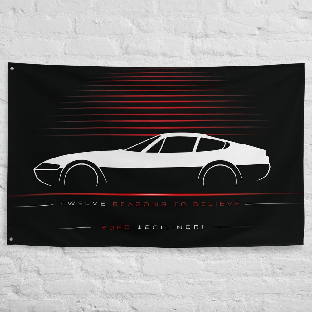 Ferrari 12Cilindri 2025 car silhouette flag - White Brick Wall
