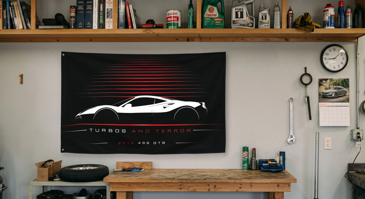 Ferrari 488 GTB 2015 car silhouette flag - Garage Workbench
