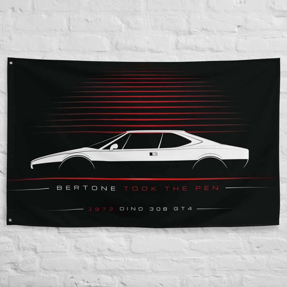 Ferrari Dino 308 GT4 1973 car silhouette flag - White Brick Wall