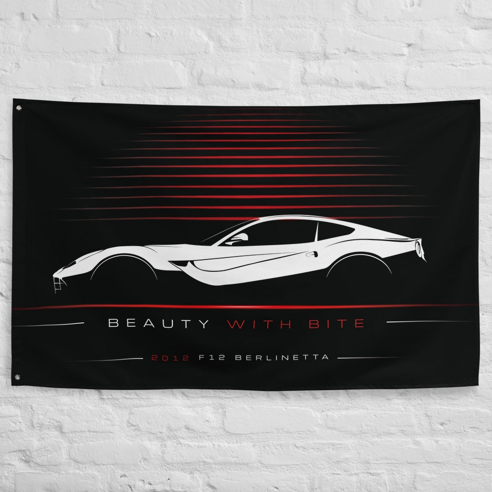 Ferrari F12 Berlinetta 2012 car silhouette flag - White Brick Wall