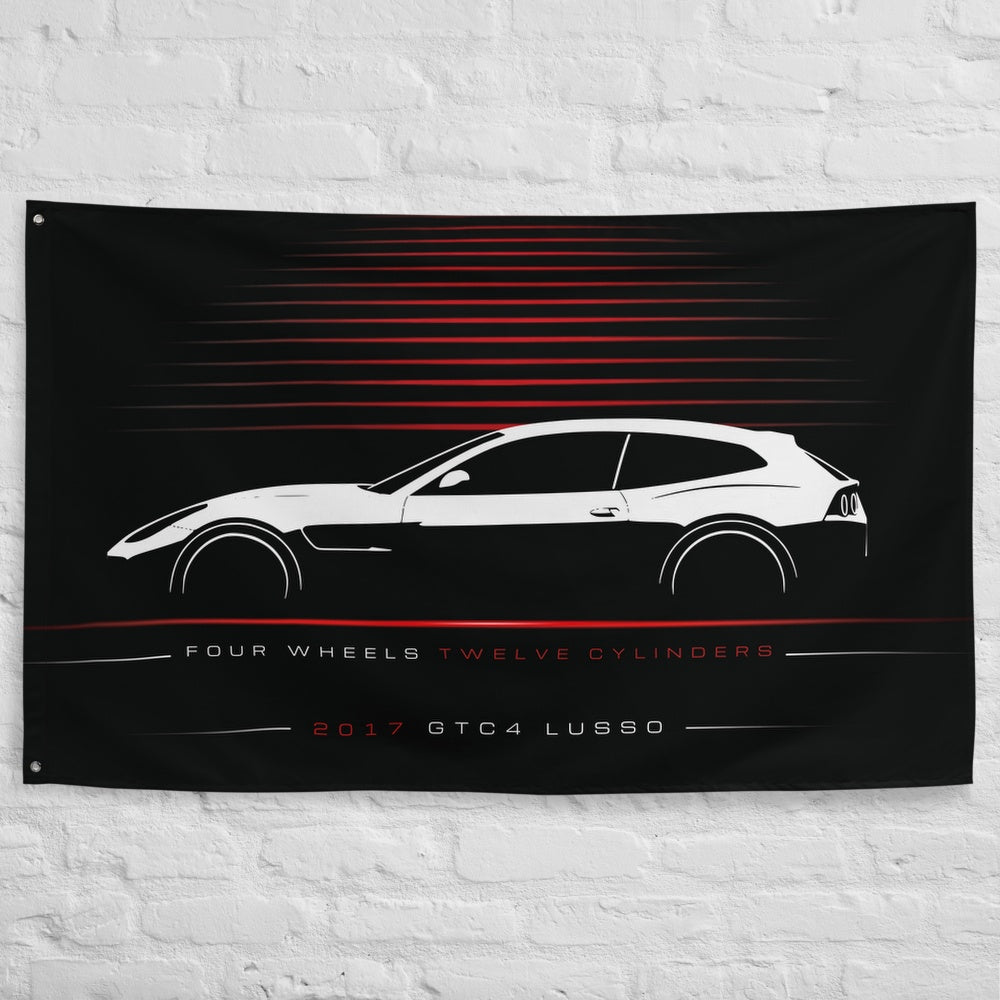 Ferrari GTC4 Lusso 2017 car silhouette flag - White Brick Wall