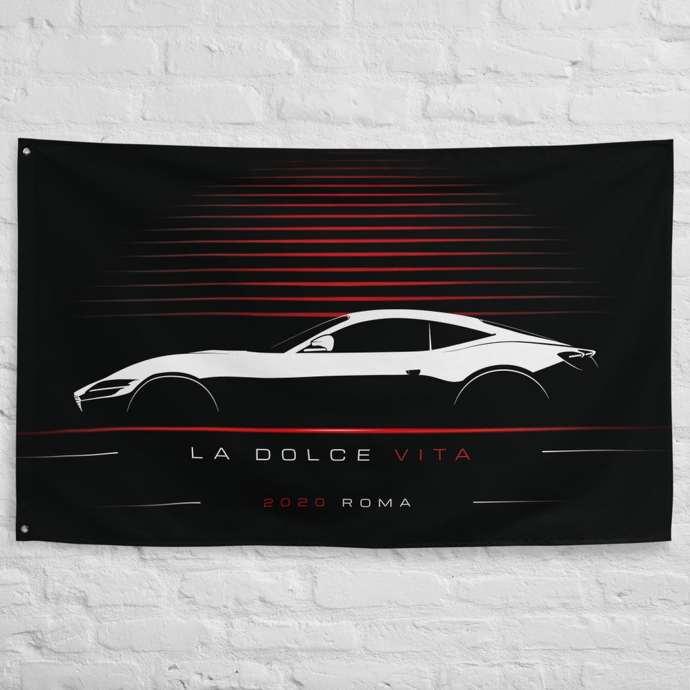 Ferrari Roma 2020 car silhouette flag - White Brick Wall