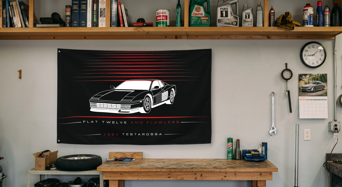 Ferrari Testarossa II 1984 car silhouette flag - Garage Workbench
