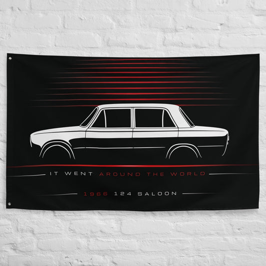 Fiat 124 Saloon 1966 car silhouette flag - White Brick Wall
