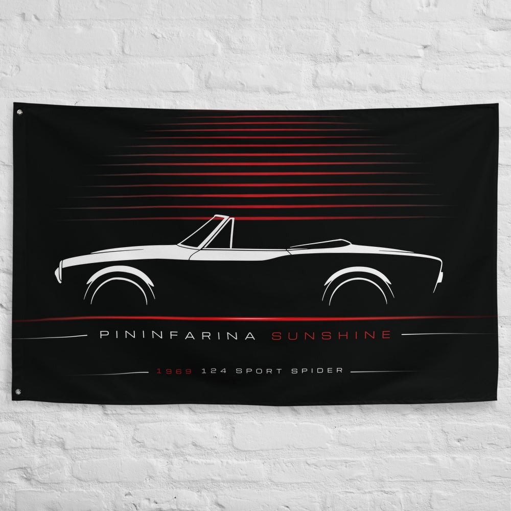 Fiat 124 Sport Spider 1969 car silhouette flag - White Brick Wall