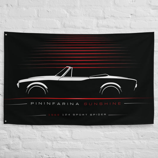 Fiat 124 Sport Spider 1969 car silhouette flag - White Brick Wall