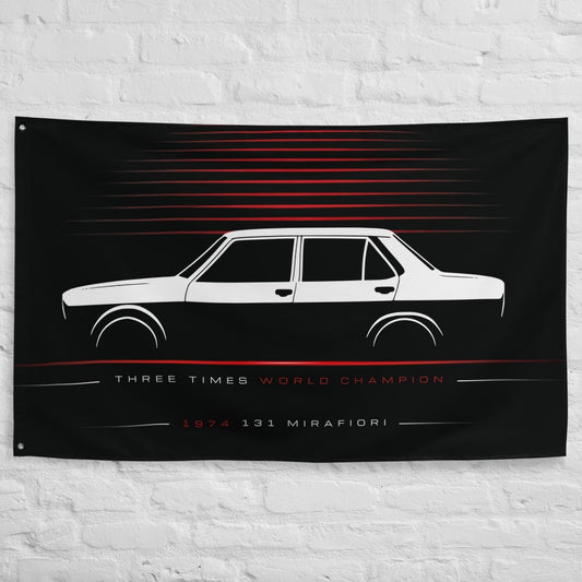 Fiat 131 Mirafiori 1974 car silhouette flag - White Brick Wall